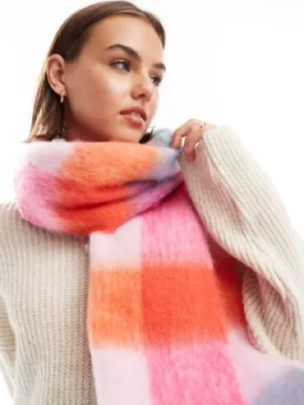 ASOS Multicolored Plaid Tassel Scarf - Pink, Orange, Purple